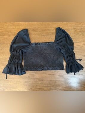 Urban Outfitters Black Smocked Sheer Sleeve Crop Top